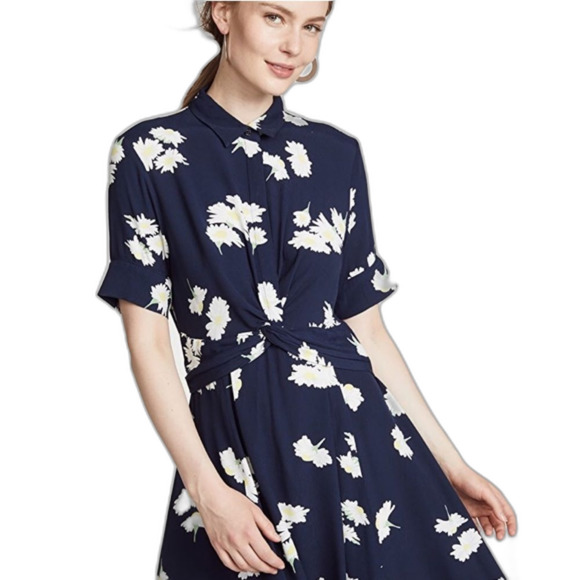 Ganni Crepe Daisy Print Button Collar Swing Dress